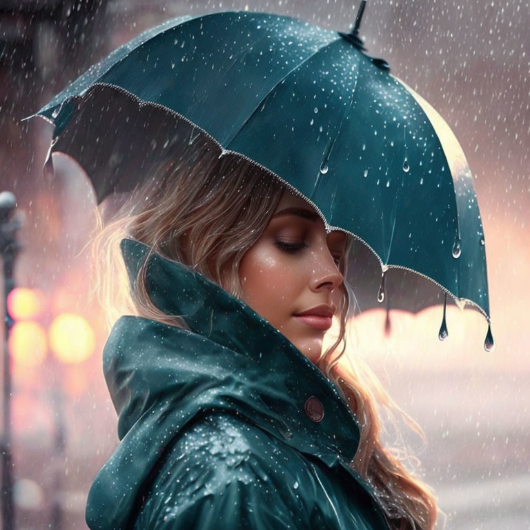 Person under green umbrella in raincoat with water droplets, blurred rainy twilight background