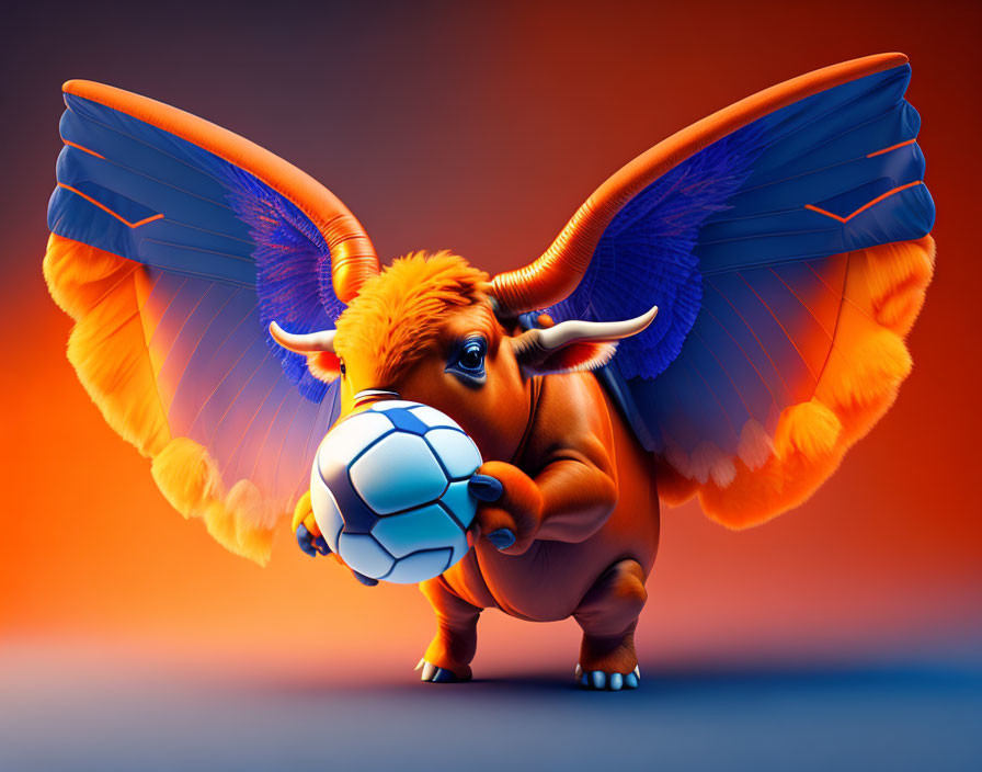 Animated orange bull with wings holding soccer ball on gradient backdrop