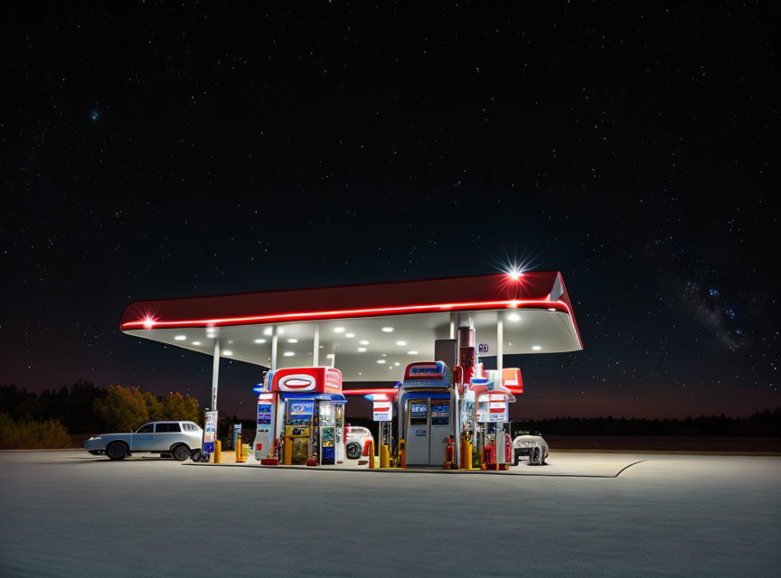 Gas Station at Night: Bright Lights, Starry Sky, Parked Car