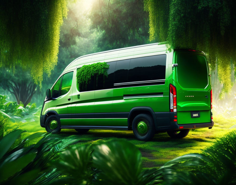 Green van parked in lush forest setting with hanging willow-like branches