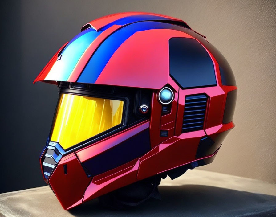 Red and Blue Futuristic Motorcycle Helmet with Yellow Tinted Visor