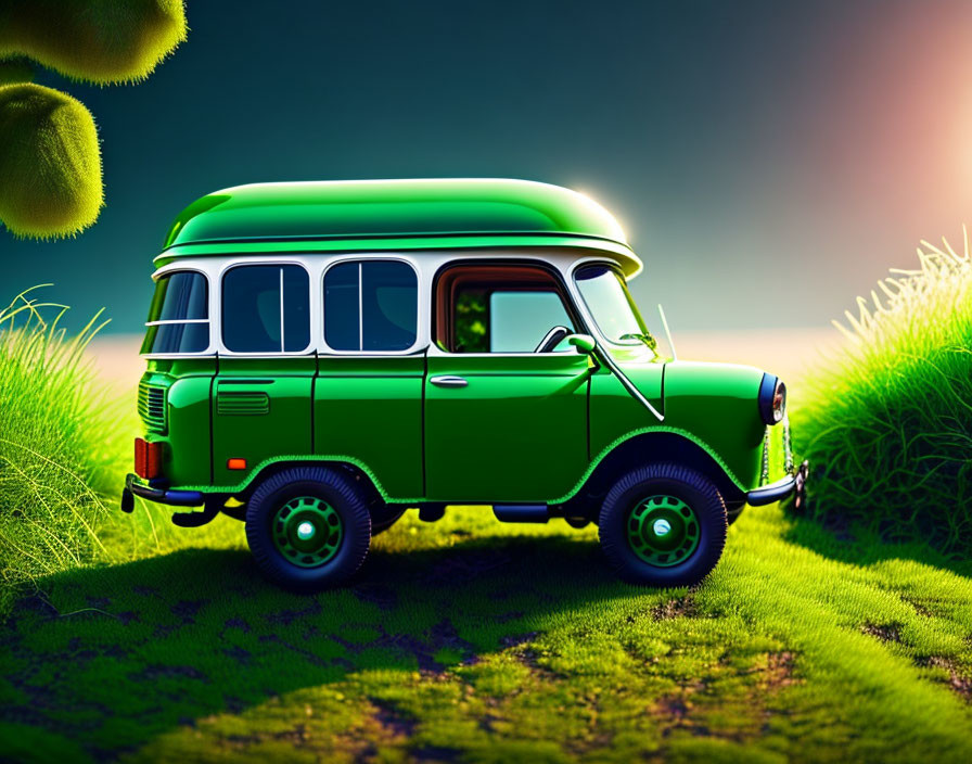 Vintage Green Van Parked on Vibrant Grass Under Warm Sunset Sky