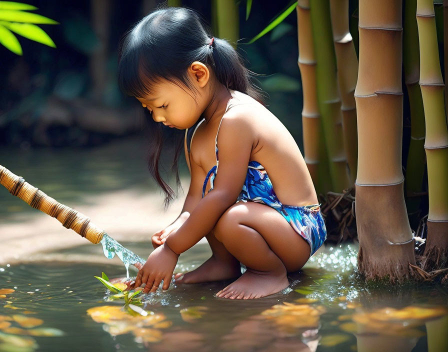 Child in swimsuit playing with leaf by water stream and bamboo plants