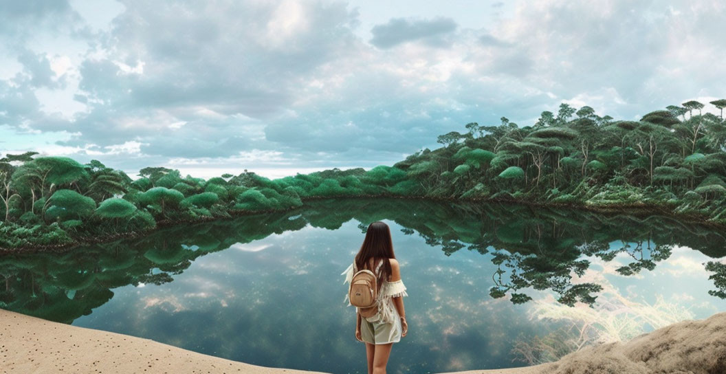 Person with backpack by tranquil river observing mirrored forest under cloudy sky