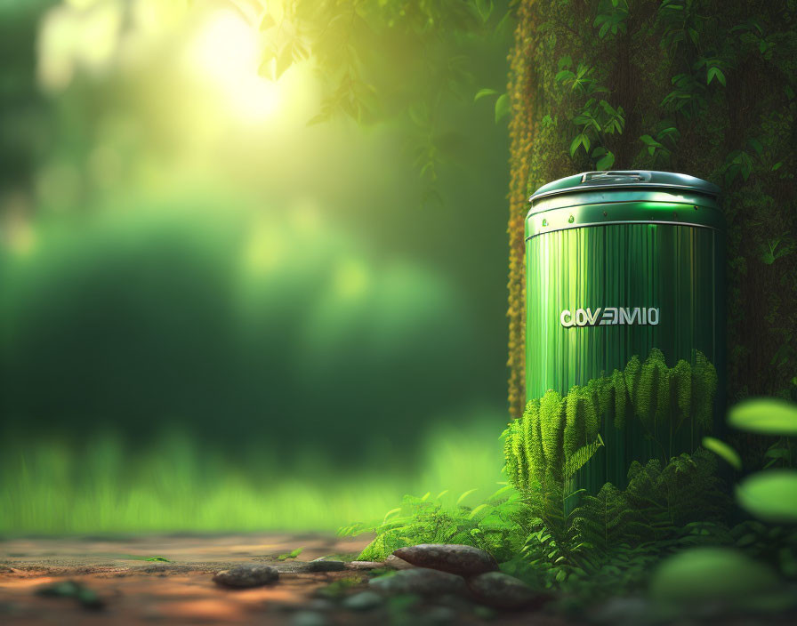 Green CLOVENE-labeled cylindrical container in lush outdoor setting