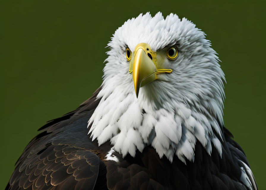 Detailed view of bald eagle with white feathered head and sharp yellow beak against green background