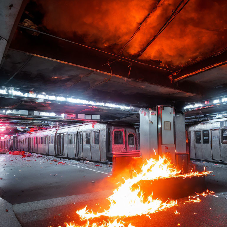 Subway train in station with fiery backdrop and burning fire on platform