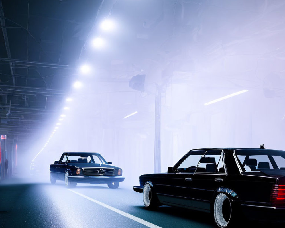 Vintage Mercedes Benz cars in moody, foggy road face-off