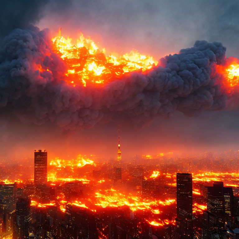 City engulfed in flames with massive fire clouds above skyscrapers