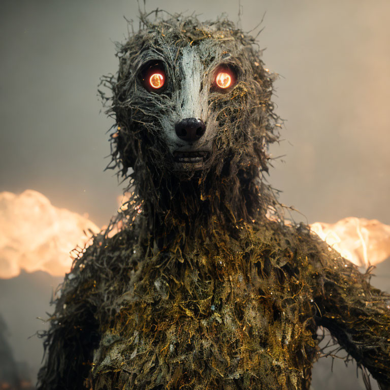 Mossy humanoid creature with glowing red eyes in misty setting