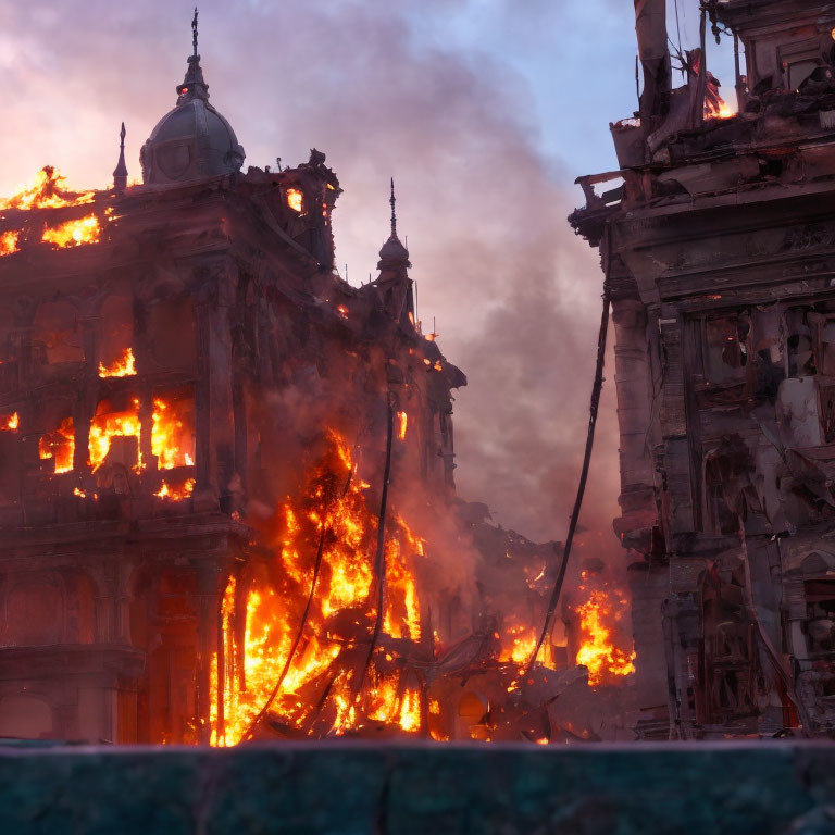 Historic building ablaze at twilight, smoke rising, on the brink of collapse.