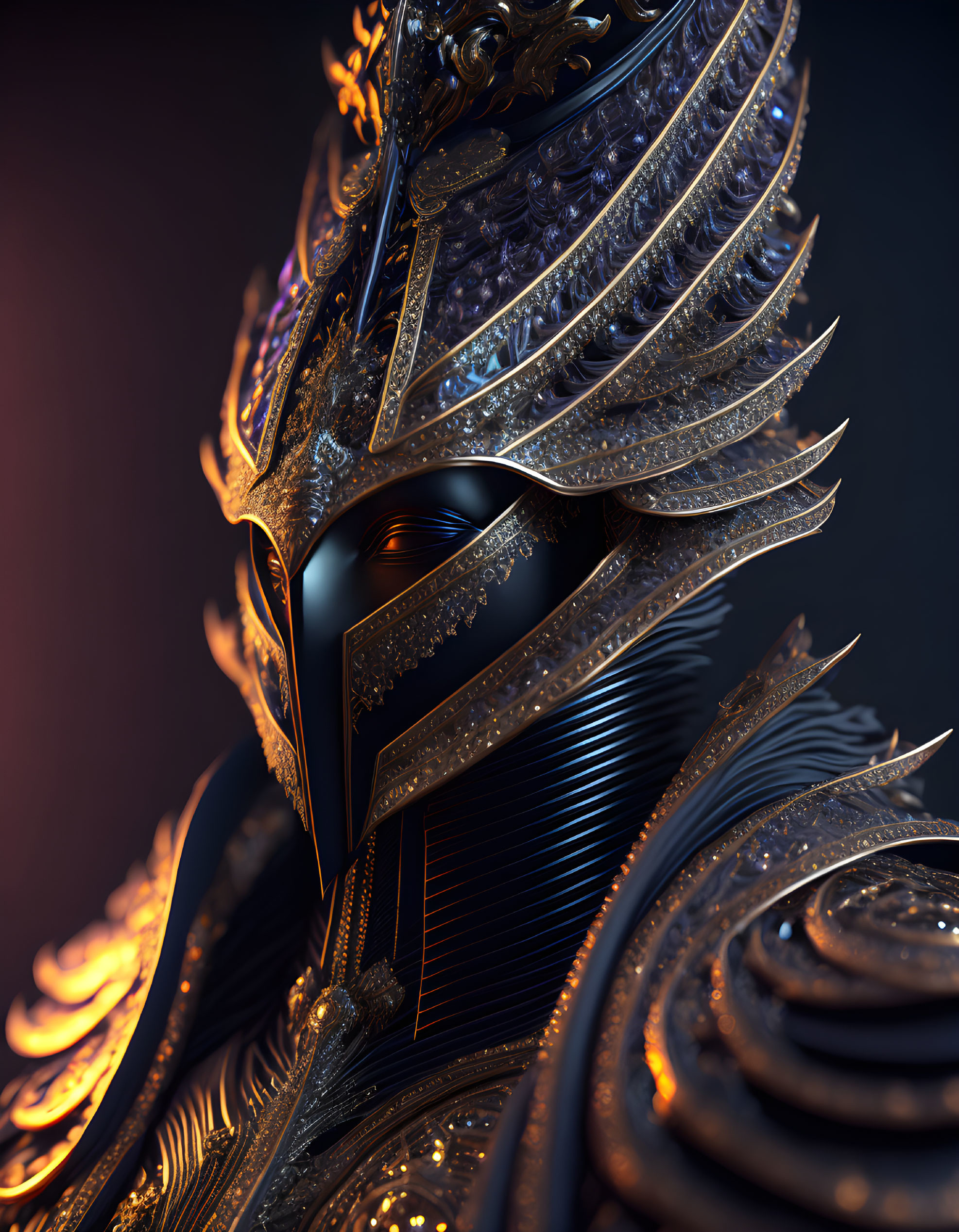 Golden ornate helmet with etchings on dark visor & gradient backdrop