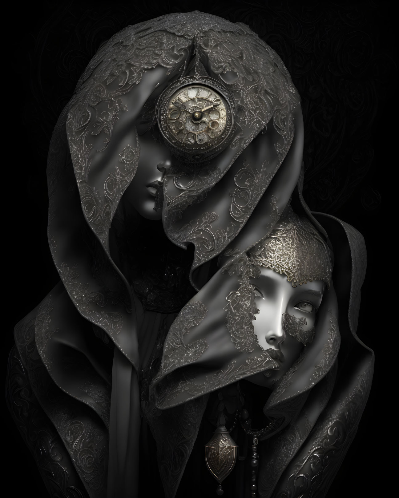 Ornate mystical figures in draped cloaks with intricate headgear, one upright, the other resting