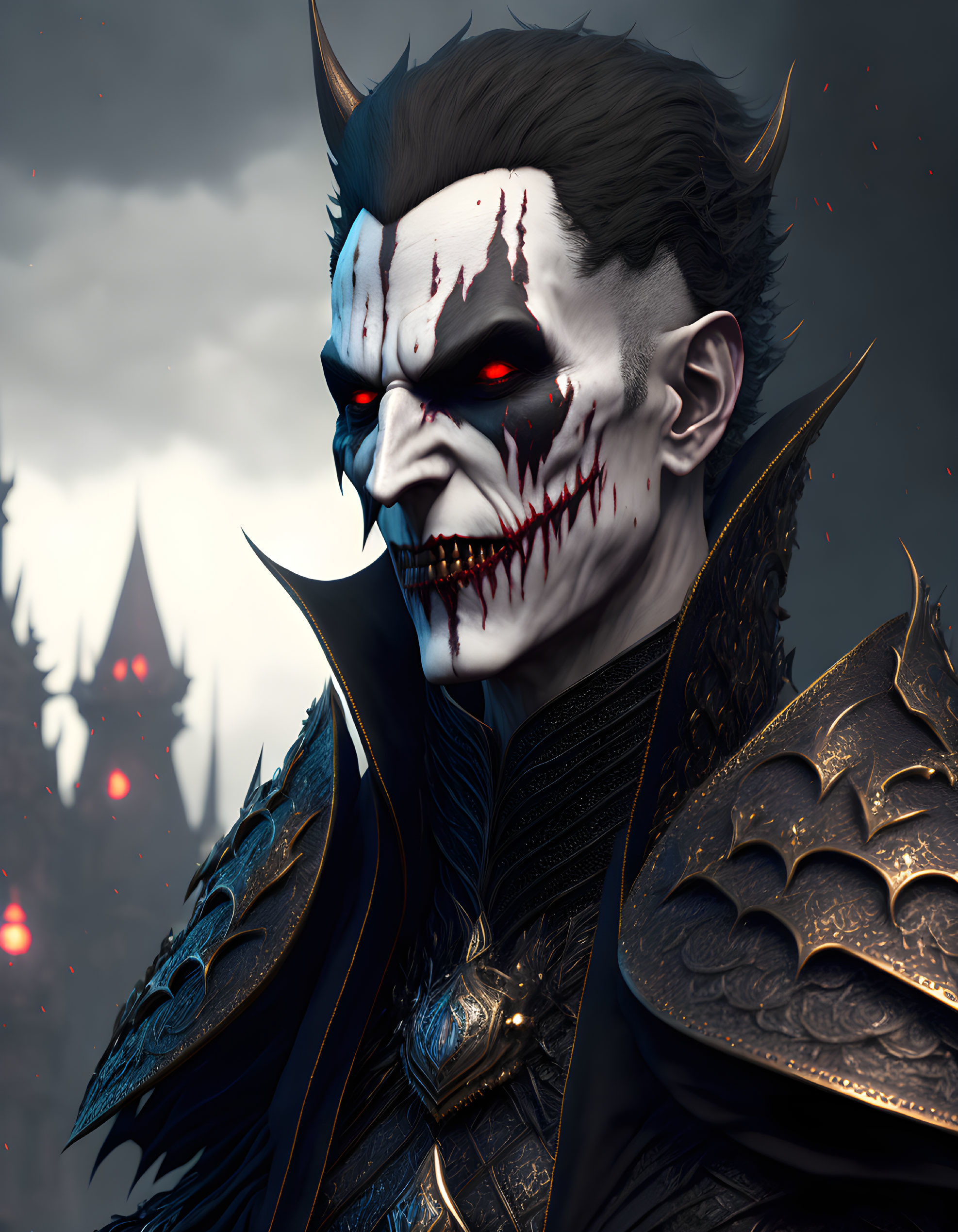 Dark armored figure with vampire-like features in front of gloomy castle.