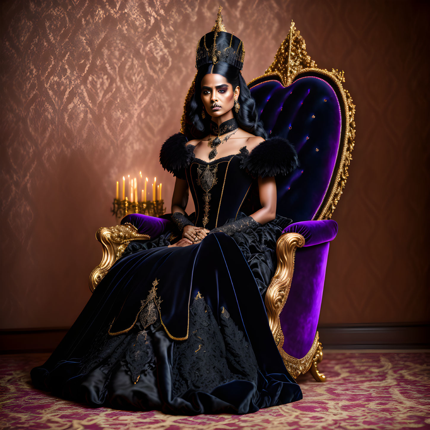 Regal person in ornate black gown and crown on purple and gold throne