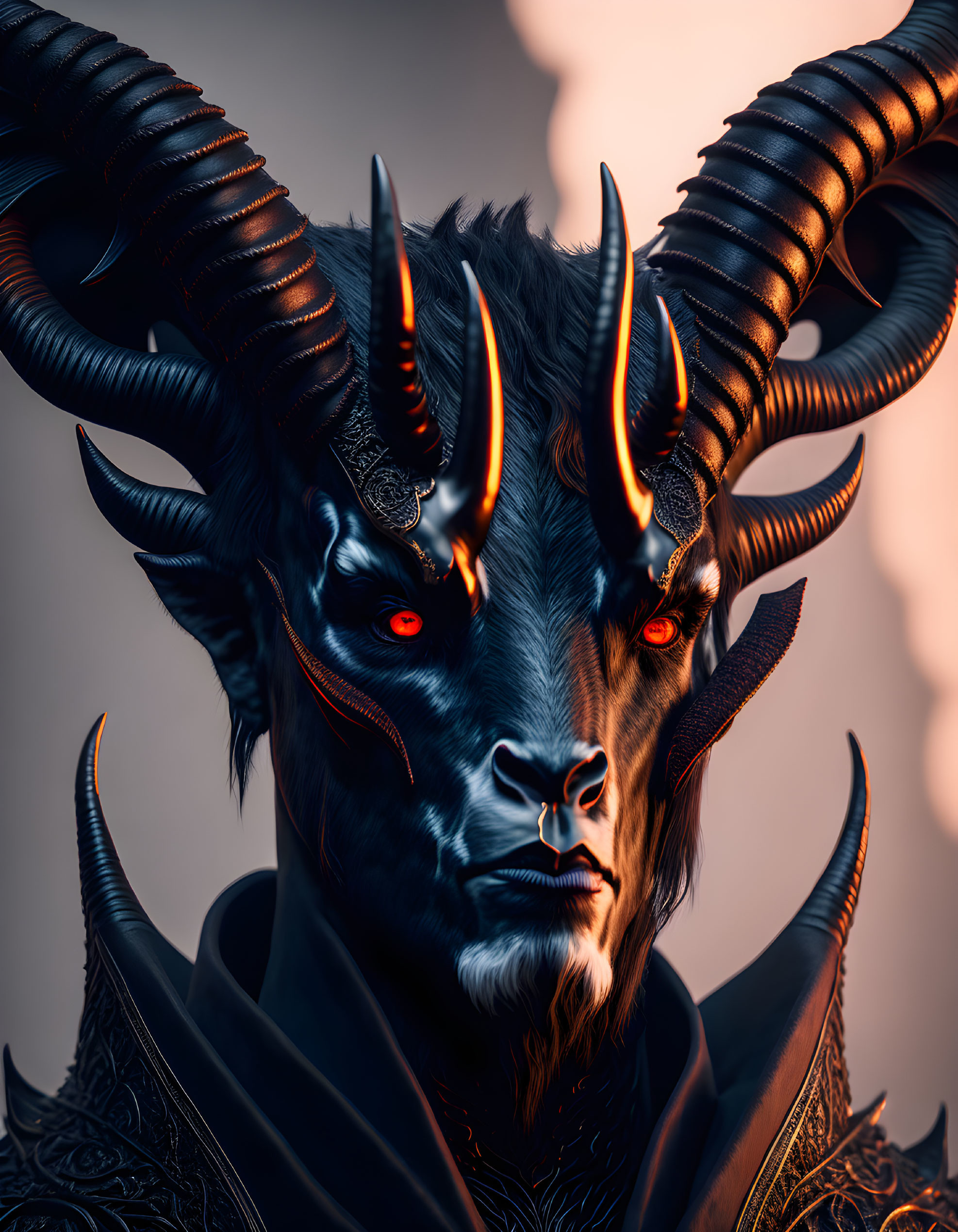 Digital art: Demonic character with red eyes, curved horns, and intricate armor on neutral backdrop