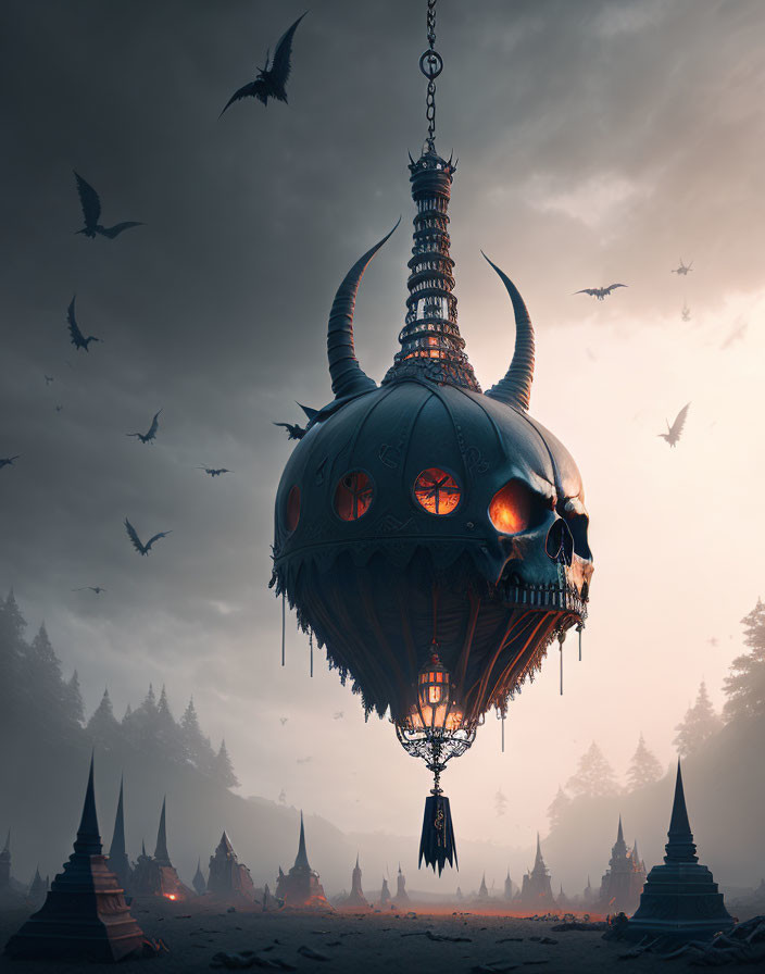 Mystical skull-shaped structure with orange windows, horns, birds, forest, and pagodas