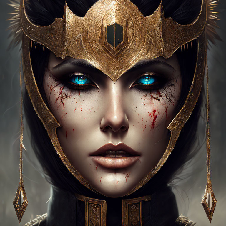 Close-Up of Woman with Striking Blue Eyes, Dark Hair, Golden Crown, and Blood Splatters