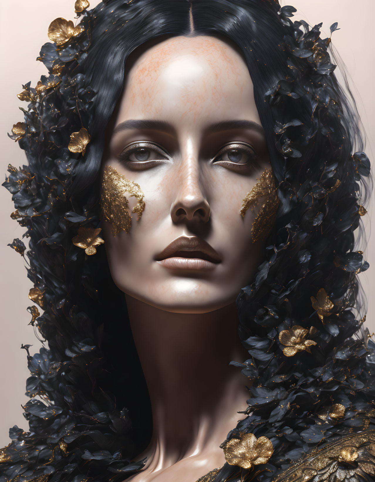 Portrait of Woman with Dark Hair and Gold Leaf Accents and Dark Floral Elements