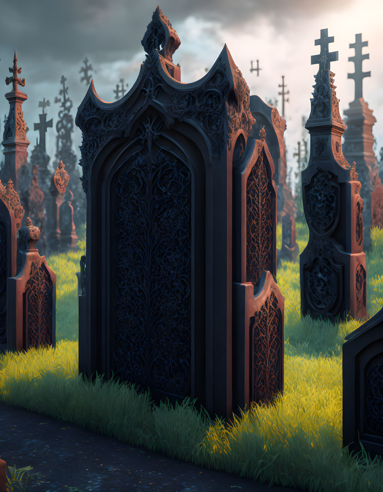 Ornate Gothic-style wrought iron gate in moody cemetery at dusk