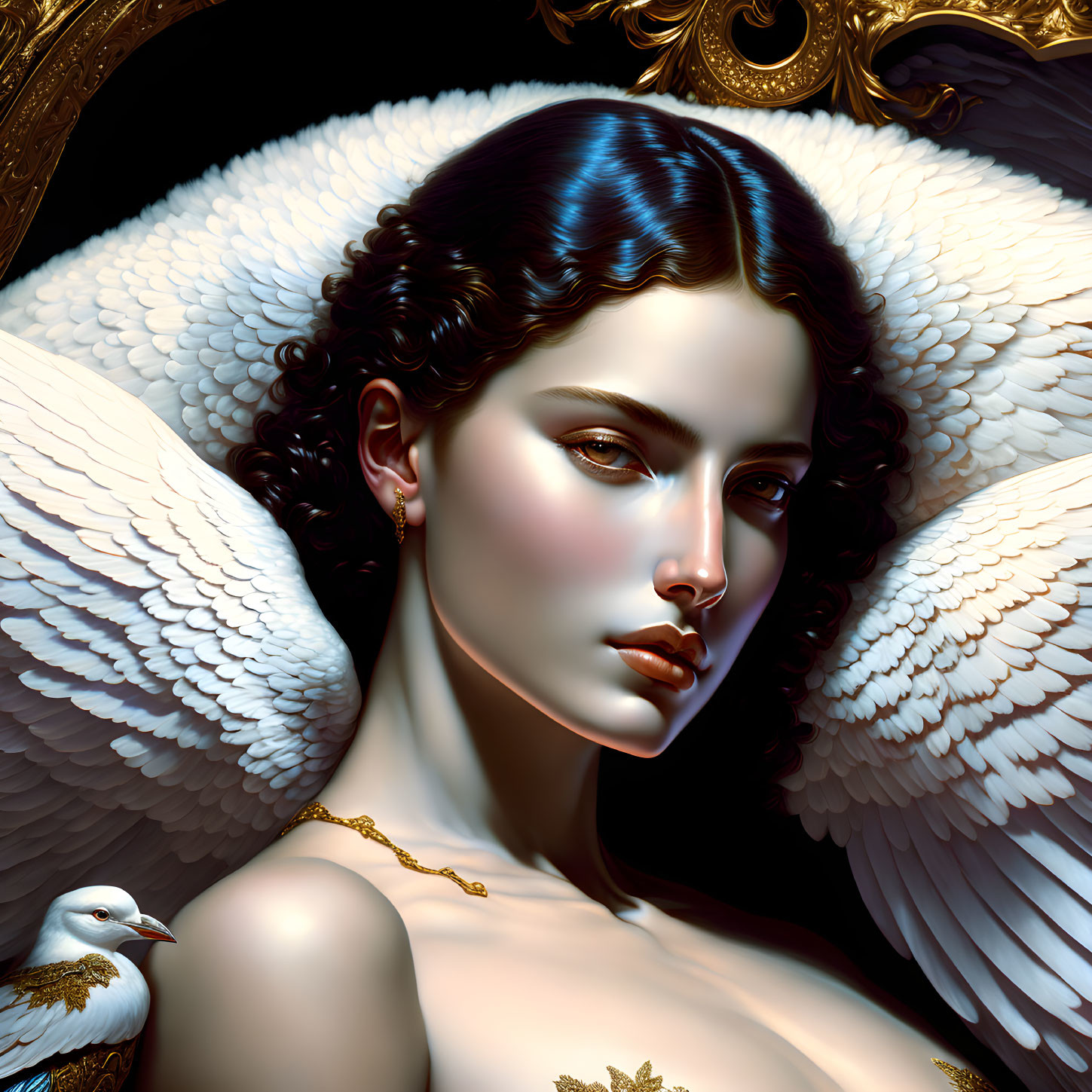 Digital Artwork: Woman with Angel Wings and Dove in Ornate Frame