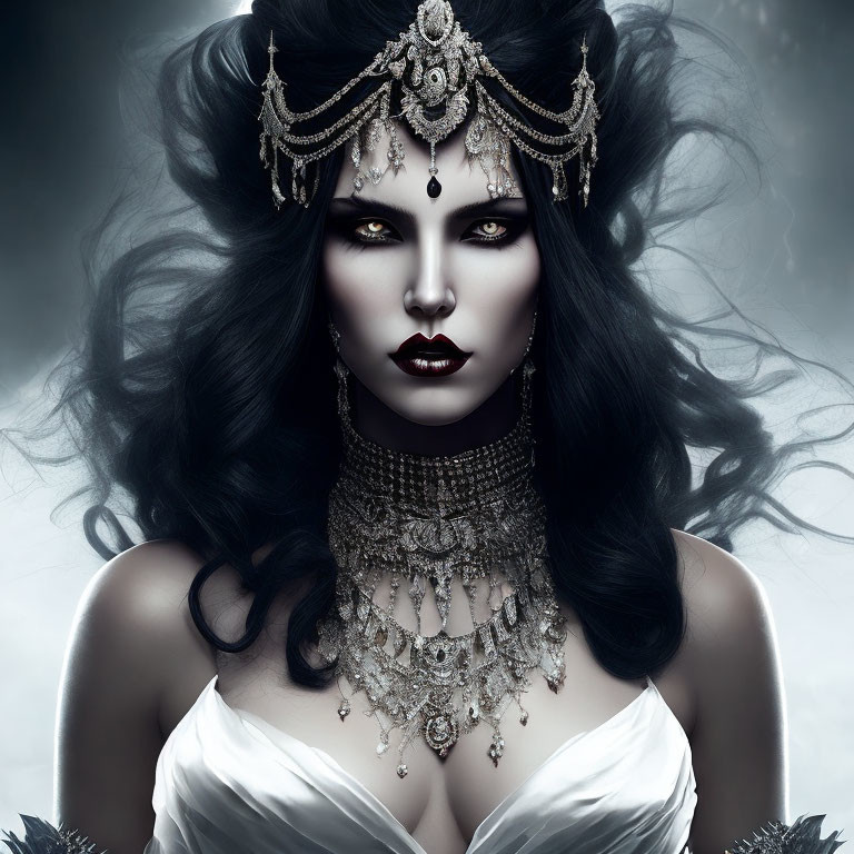 Gothic woman with pale skin and dark hair in striking makeup