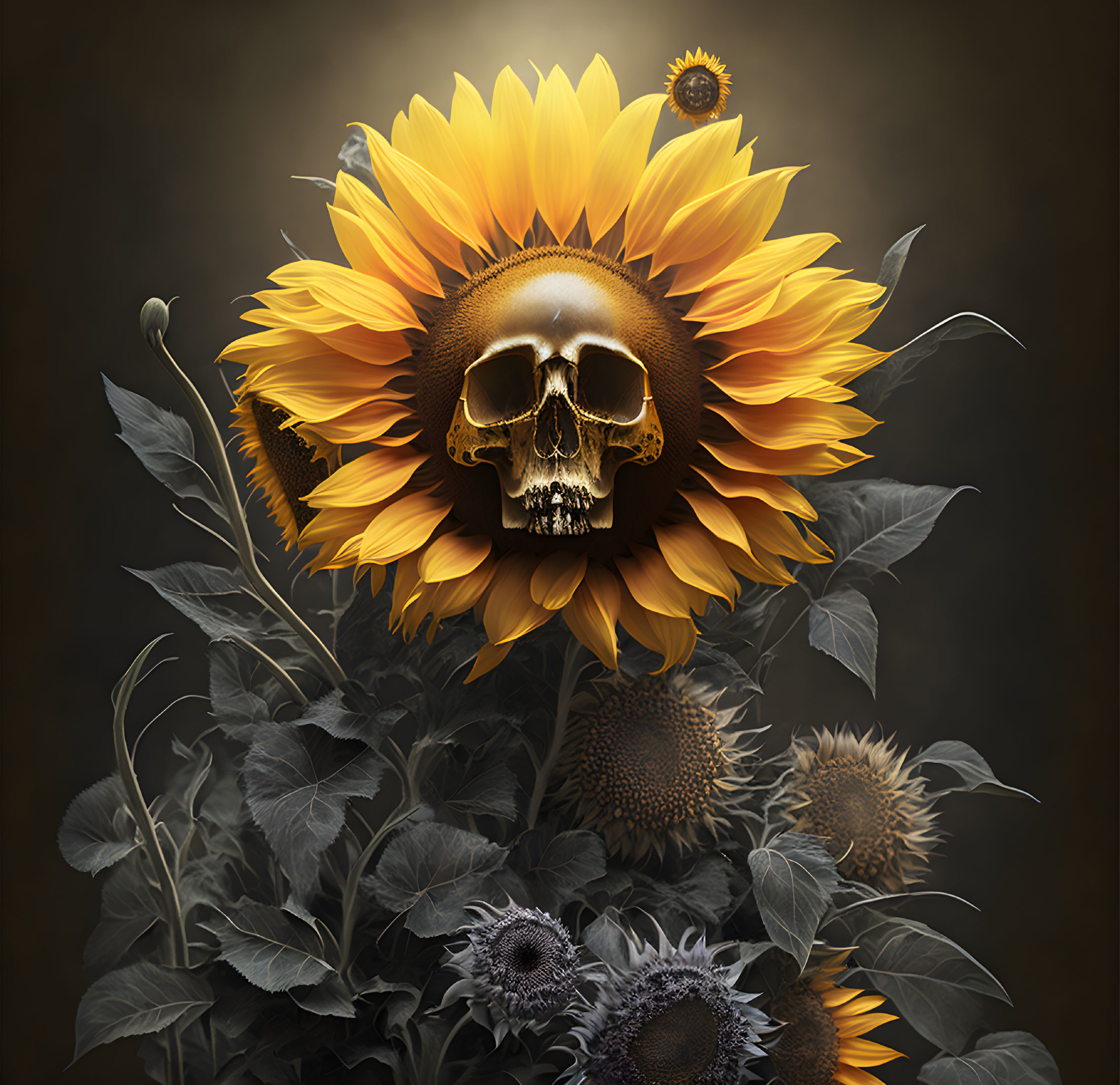 Sunflower with Skull Centerpiece Surrounded by Leaves on Dark Background