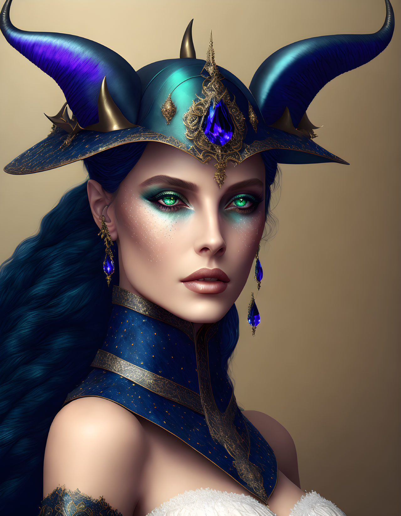 Digital portrait: Woman with blue skin, green eyes, ornate blue and gold helmet