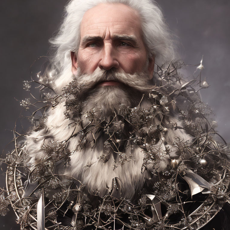 Elder Man with White Beard, Twigs, and Crystals