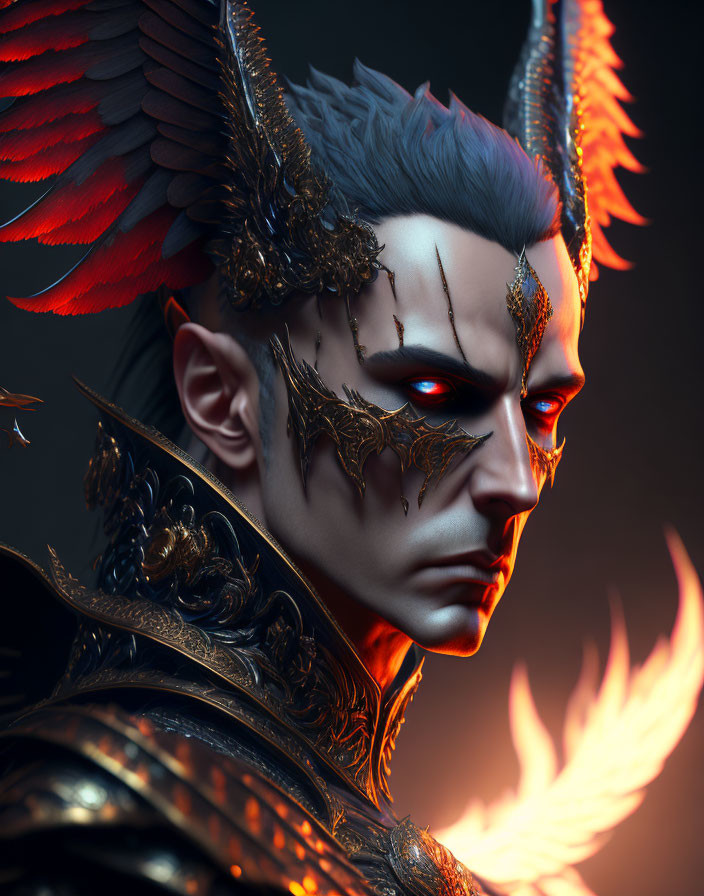 Detailed 3D illustration of person in demonic armor with wing motifs