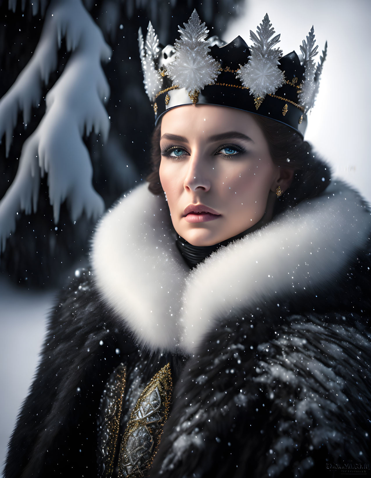 Regal woman in fur cloak and crown in snowfall