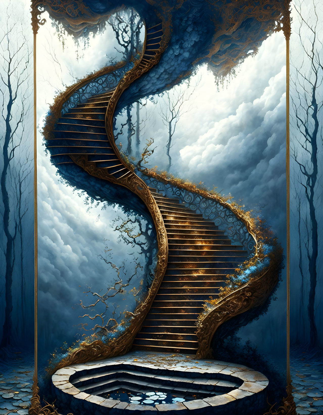 Surreal image: Winding staircase in mystical forest