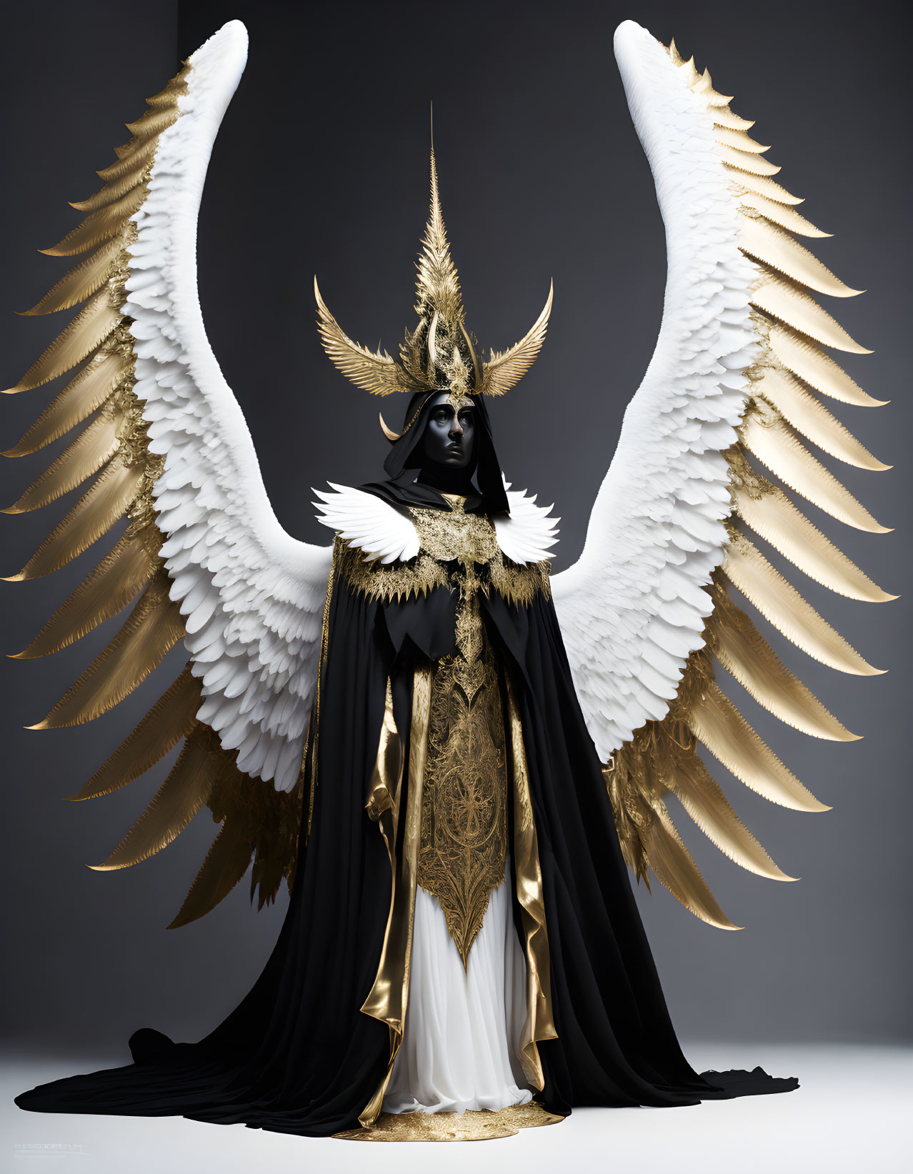 Elaborate Black and Gold Costume with Majestic Wings on Grey Background