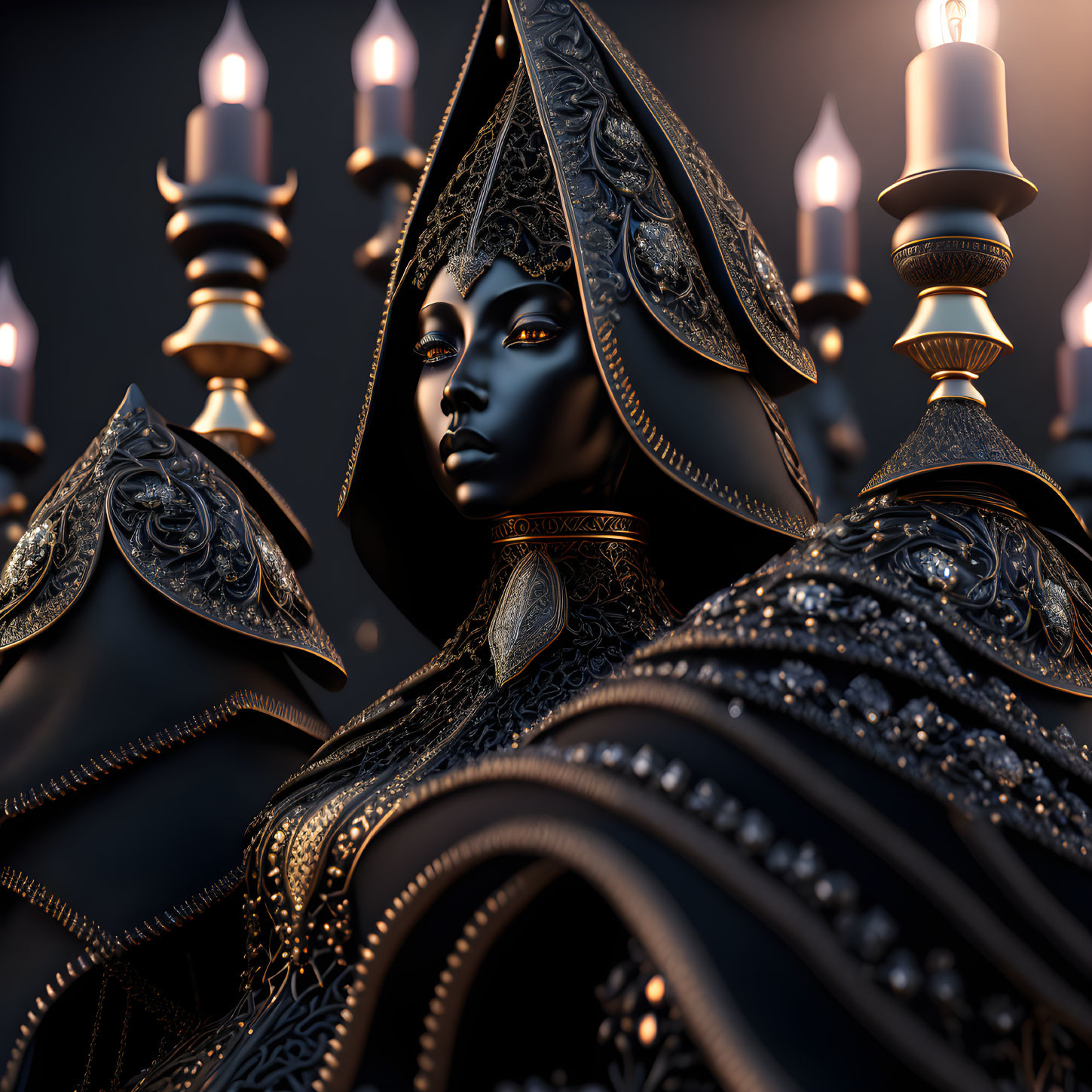 Regal figure in ornate armor surrounded by lit candles