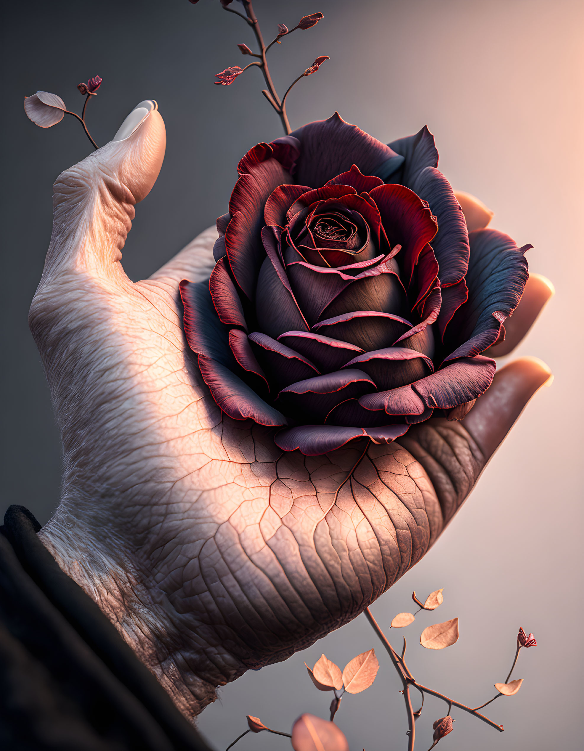 Weathered hand holding delicate red rose against soft-focus background