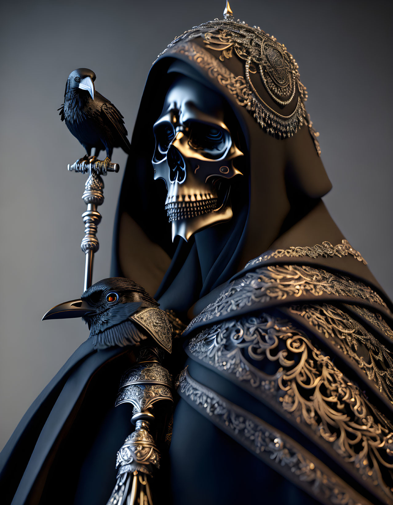 Digital artwork of skeletal figure in black robes with ravens.