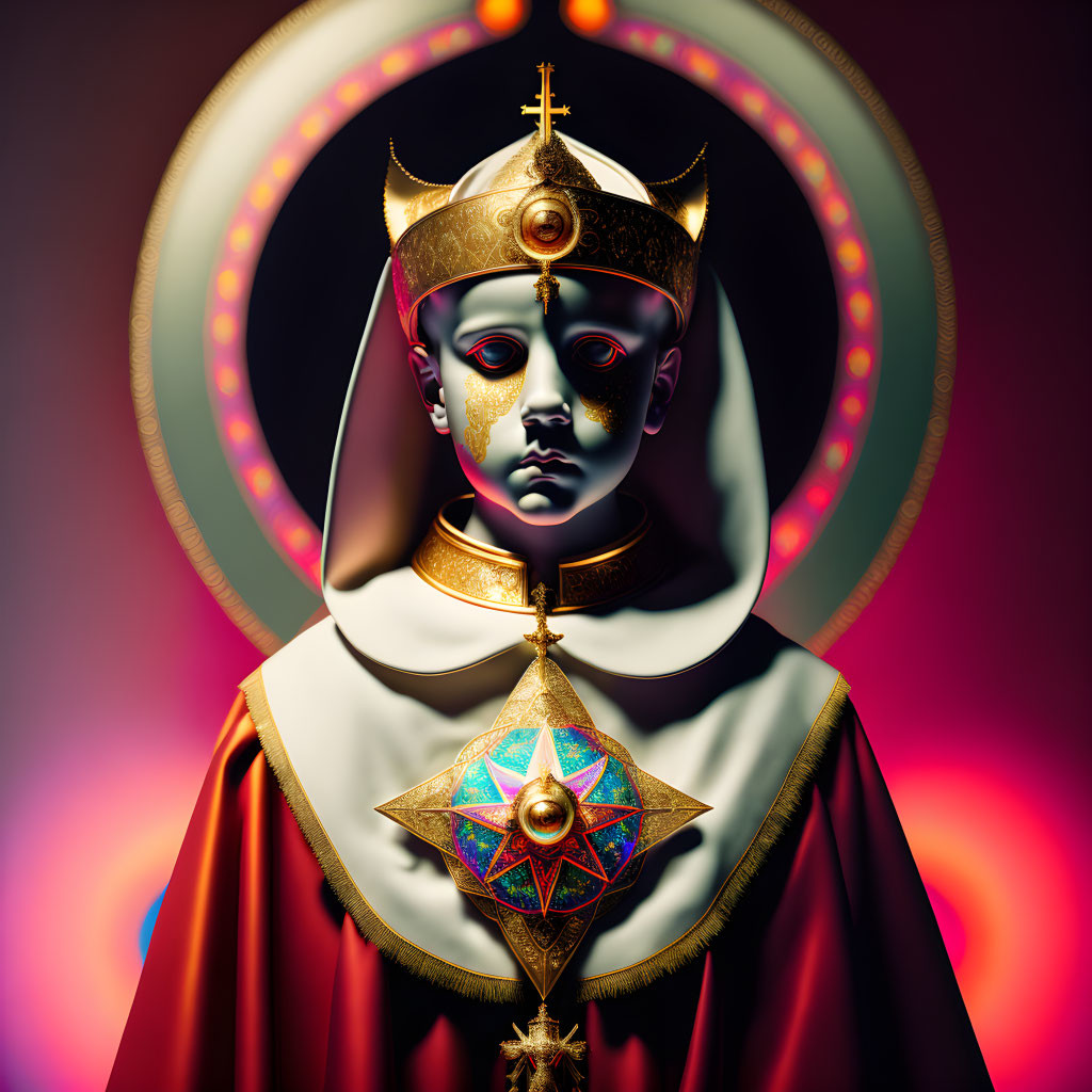 Surreal crowned figure with halo, blue skin, gold necklace, red cloak against luminous backdrop