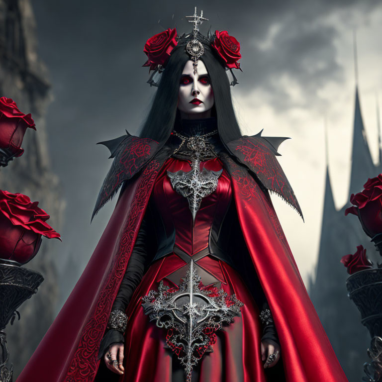 Gothic figure in red and black dress with crown and roses on stormy castle backdrop