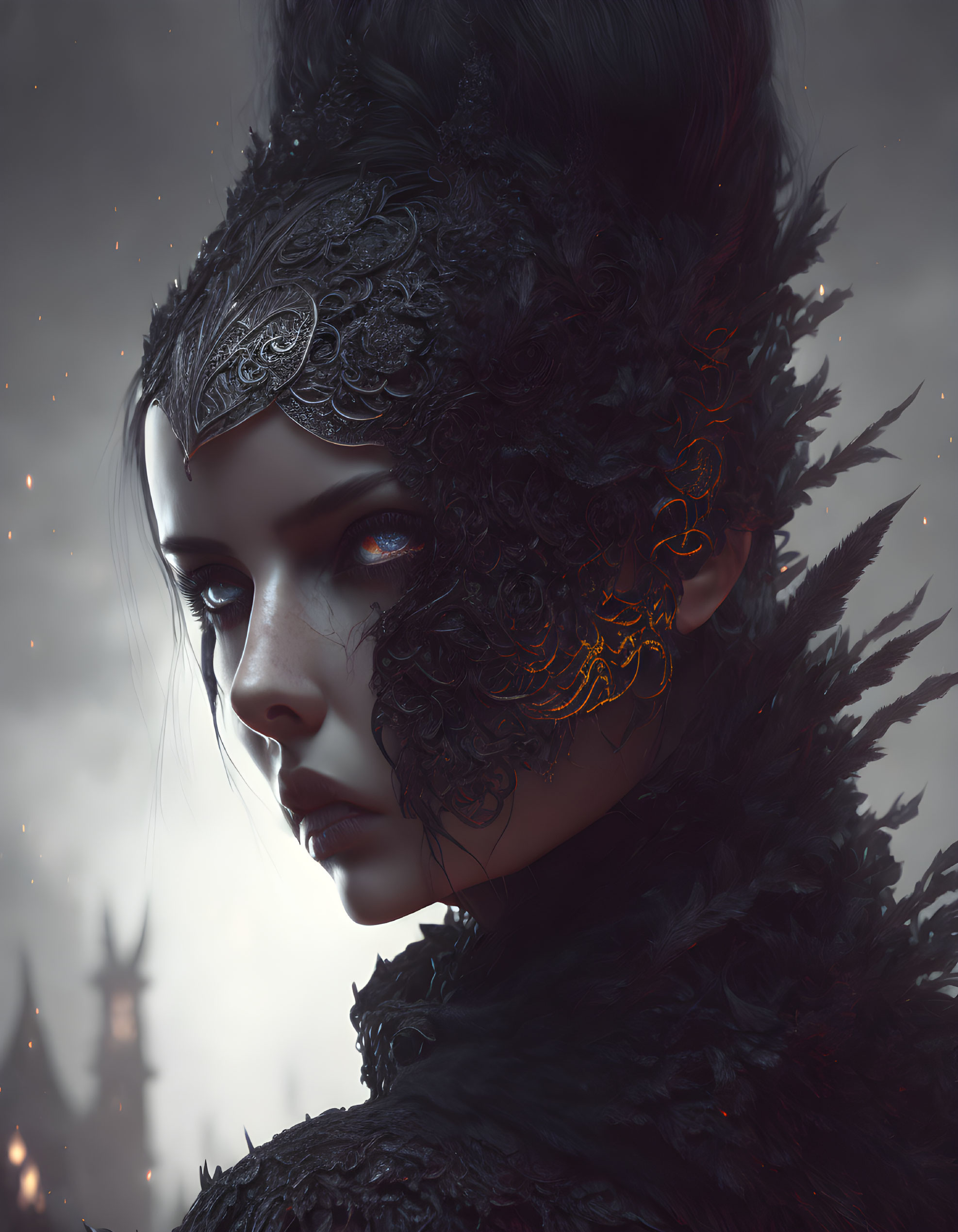 Fantasy portrait of woman in dark feathered attire against castle backdrop