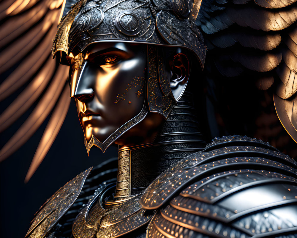 Digital artwork: Figure in ornate dark armor with winged helmet in golden light