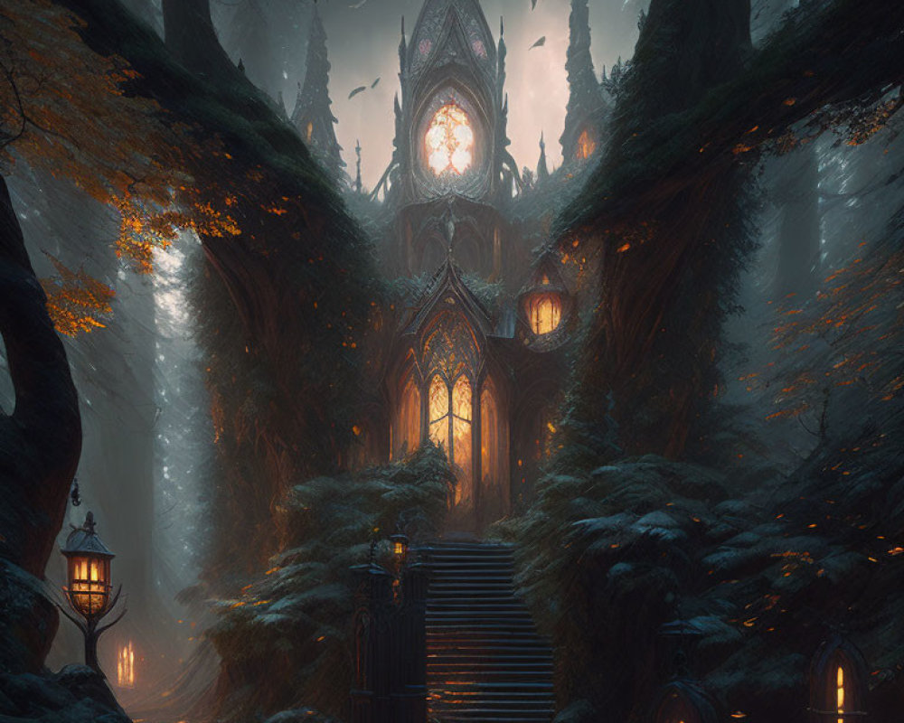 Ethereal forest setting with Gothic-style fantasy cathedral