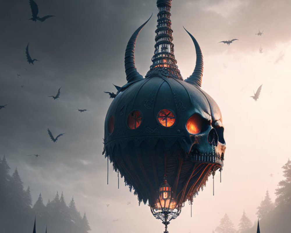 Mystical skull-shaped structure with orange windows, horns, birds, forest, and pagodas