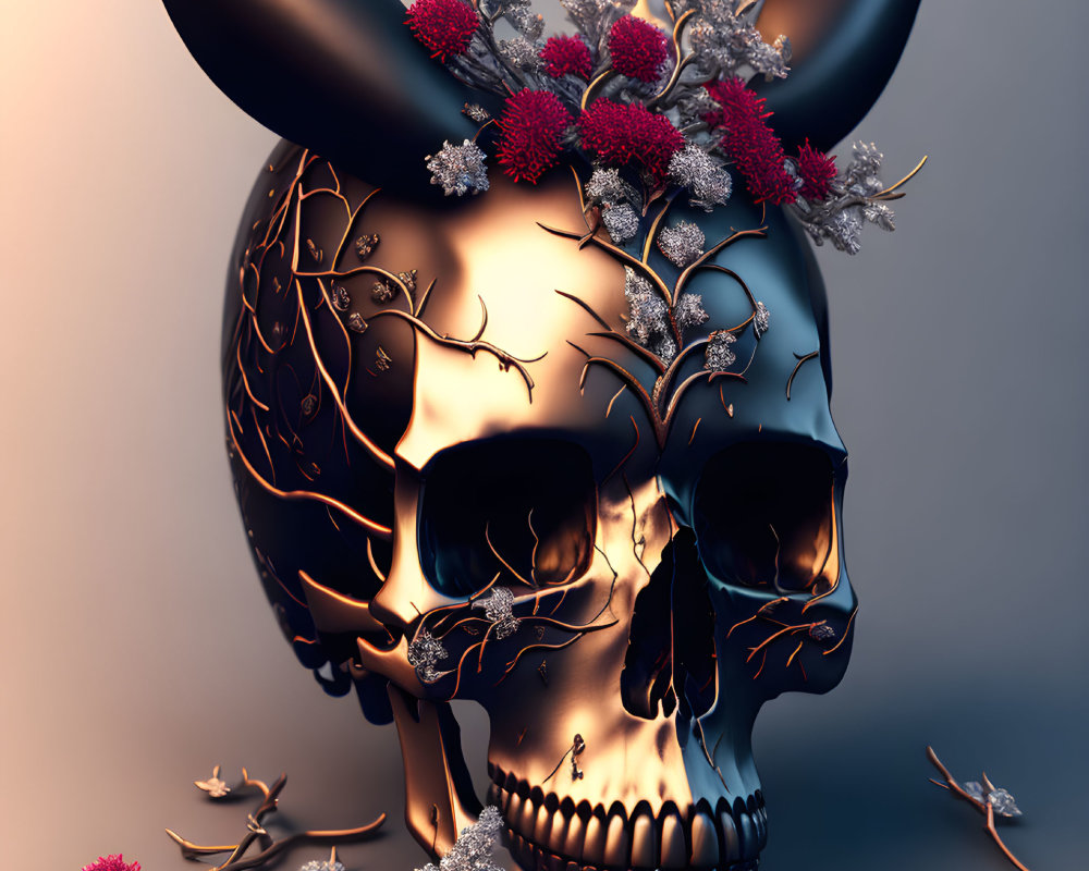 3D-rendered black skull with glowing cracks, golden branches, red flowers, and large horns on