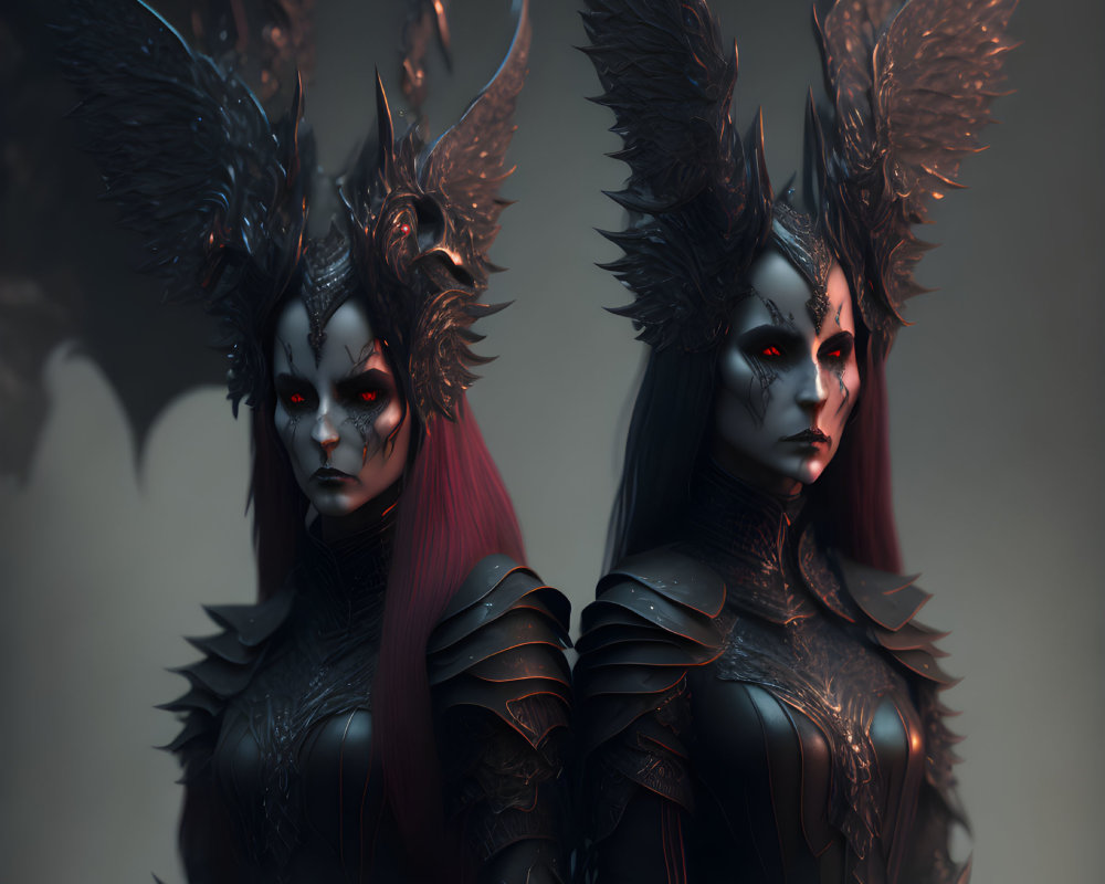 Dark armored female figures with horned headdresses in shadowed setting