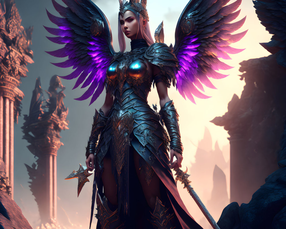 Regal warrior with purple wings in dark armor on mystical landscape