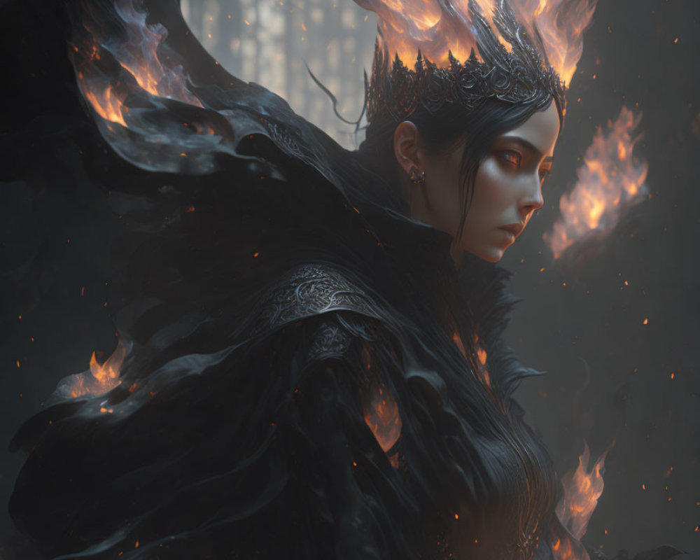 Fantasy Artwork: Figure with Flaming Crown and Ornate Cloak in Misty Forest