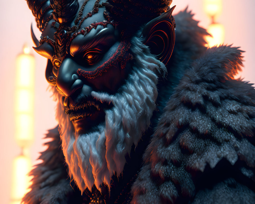 Horned fantasy character with white beard and blue face paint in ornate jewelry