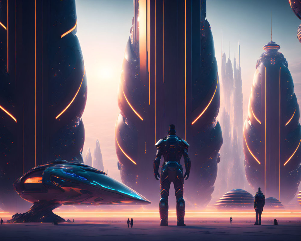 Futuristic cityscape with towering structures, spaceship, and figures in advanced suits.