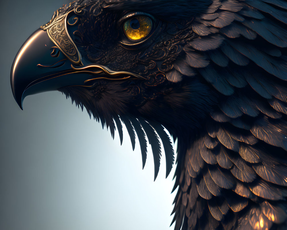 Detailed Digital Artwork of Eagle with Intricate Patterns and Yellow Eye