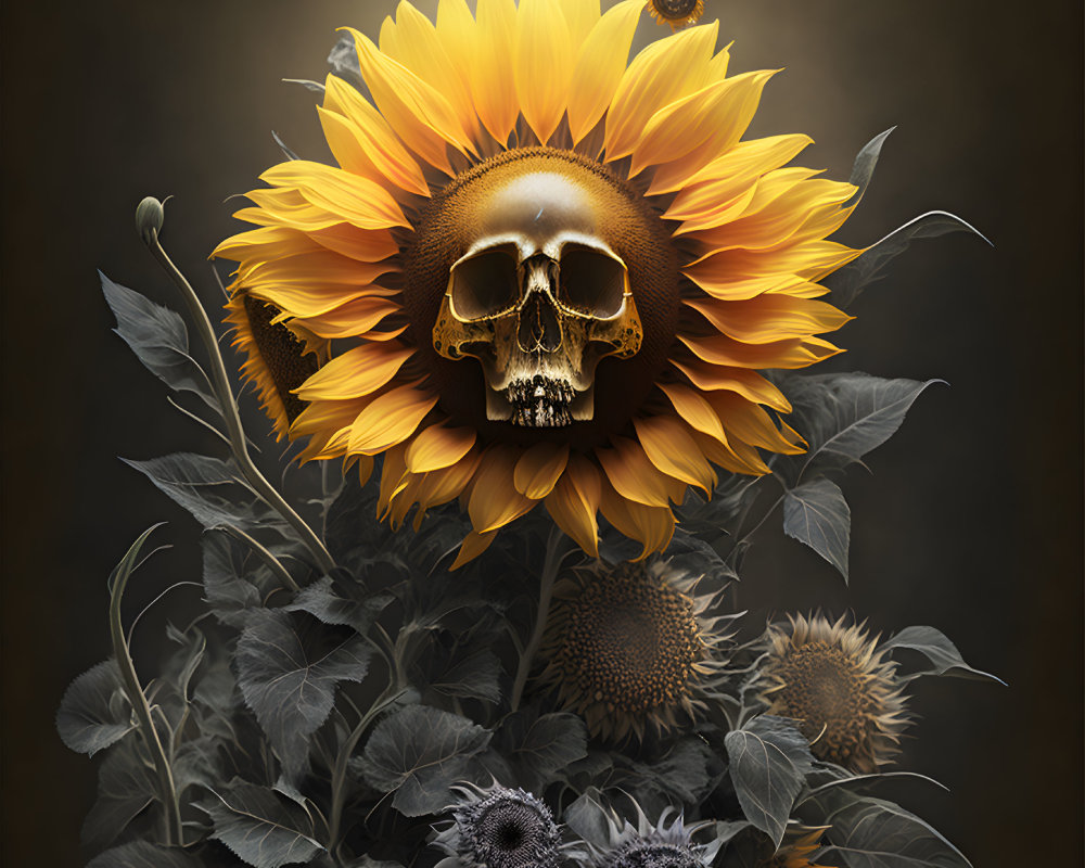 Sunflower with Skull Centerpiece Surrounded by Leaves on Dark Background